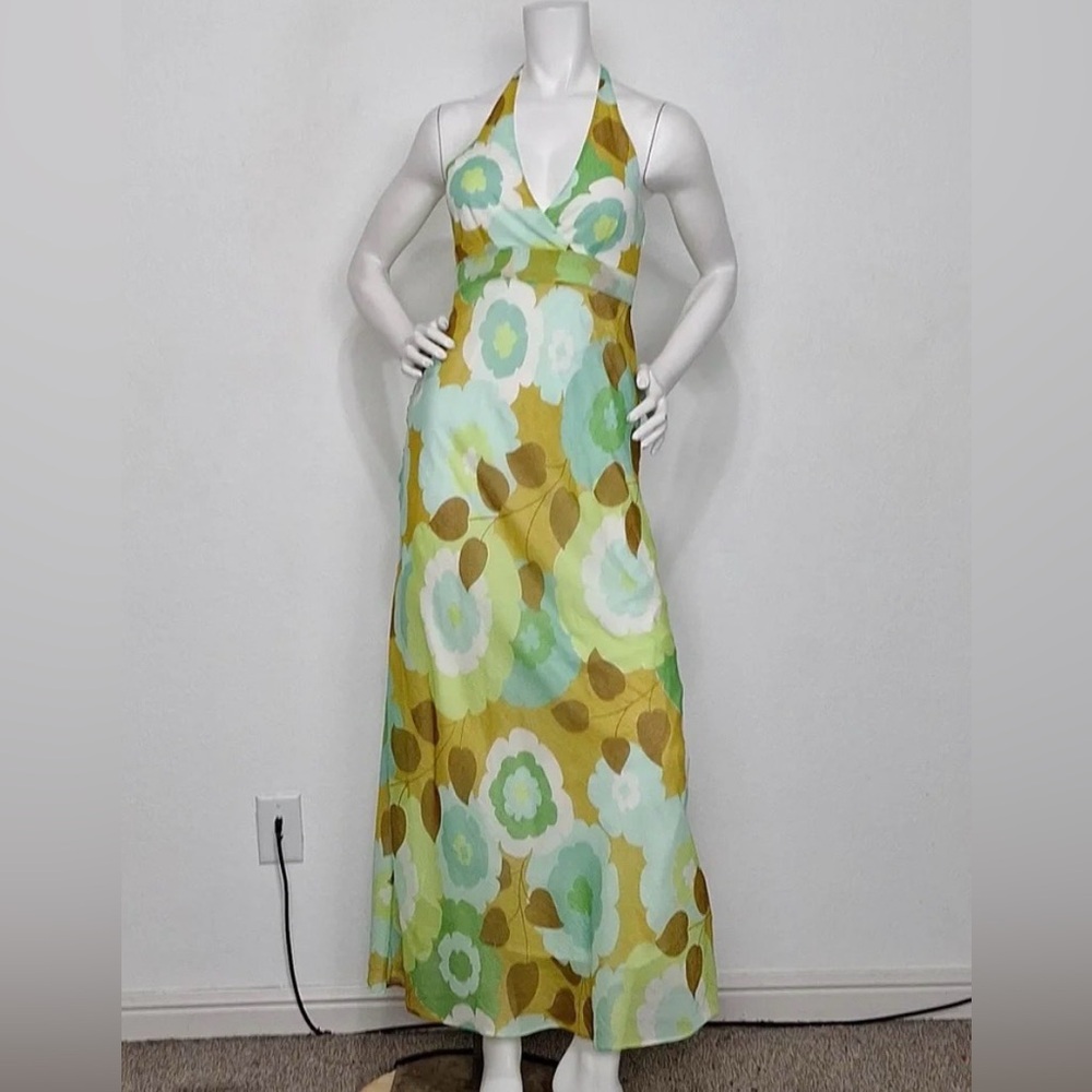 Odille Antropologie green halter Y2k retro tie back bohemian maxi dress